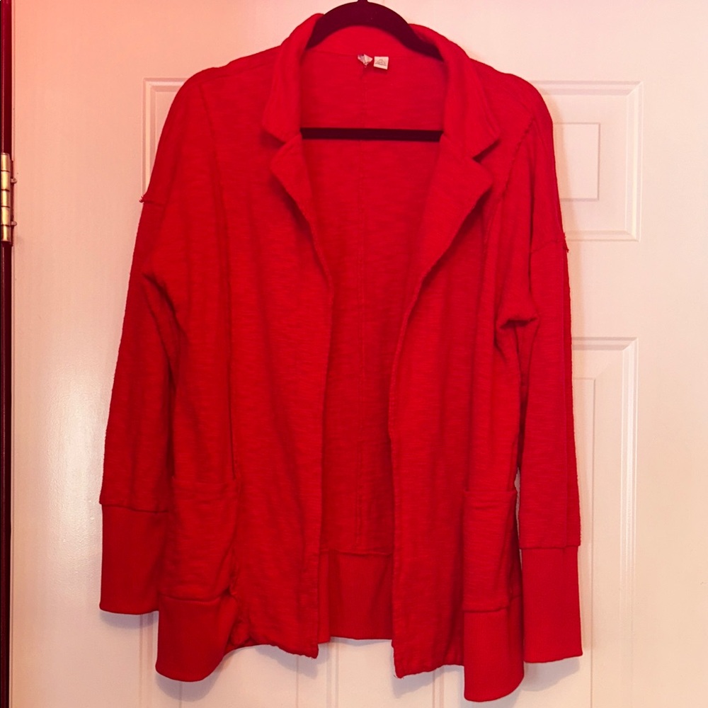 Cotton Blend Women's Open Front Cardigan Jacket XL Red Casual Relaxed Lagenlook
